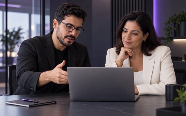 Consultor de tecnologia esclarece dúvidas de uma cliente enquanto analisam um projeto no notebook.