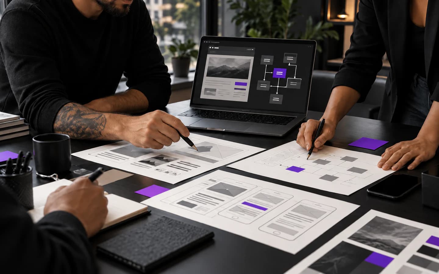 Equipe planejando interfaces e fluxos de automação sobre uma mesa de trabalho.